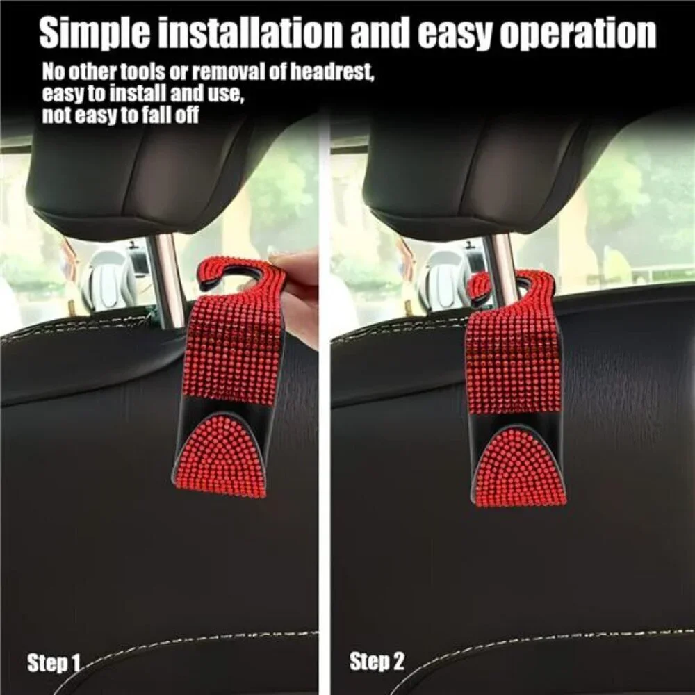 Bling Car Seat Hooks  Red (2 Pack) Bling Rhinestones Crystal Hanger Organizer